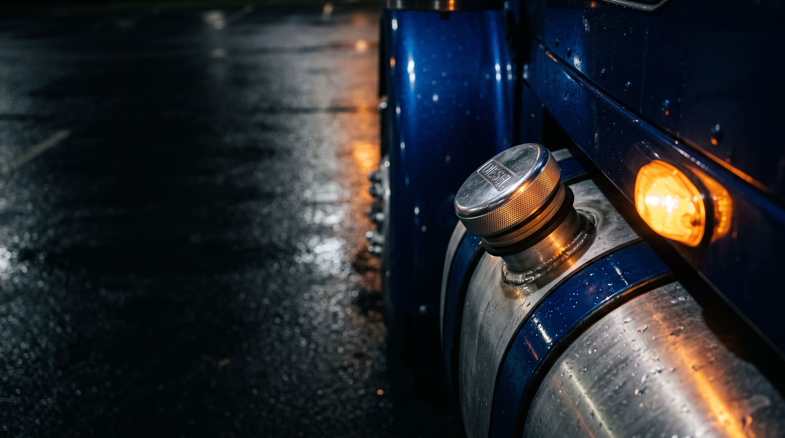 Närbild på en lastbils dieseltanklock i krom på våt asfalt: hur länge gäller trafiktillstånd.