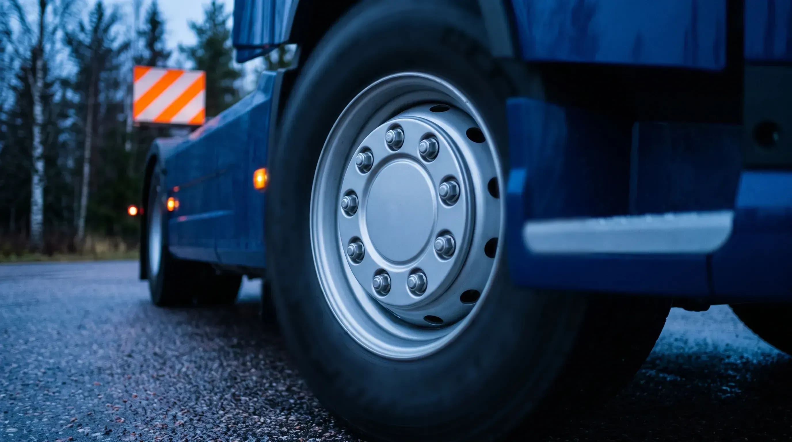 Närbild på en lackad vit lastbilsfälg i skandinavisk stil med en orange varningsskylt och varmt orange ljussken i blå timme på en svensk väg: yrkestrafik och trafiktillstånd i Sverige.