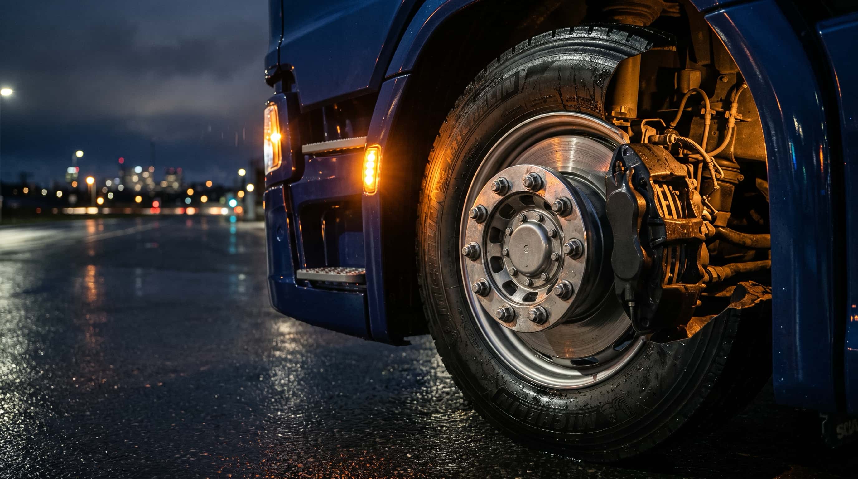 Närbild på ett lastbilshjuls nav och bromsok på våt asfalt i mörker: trafiktillstånd för lastbil i Sverige.
