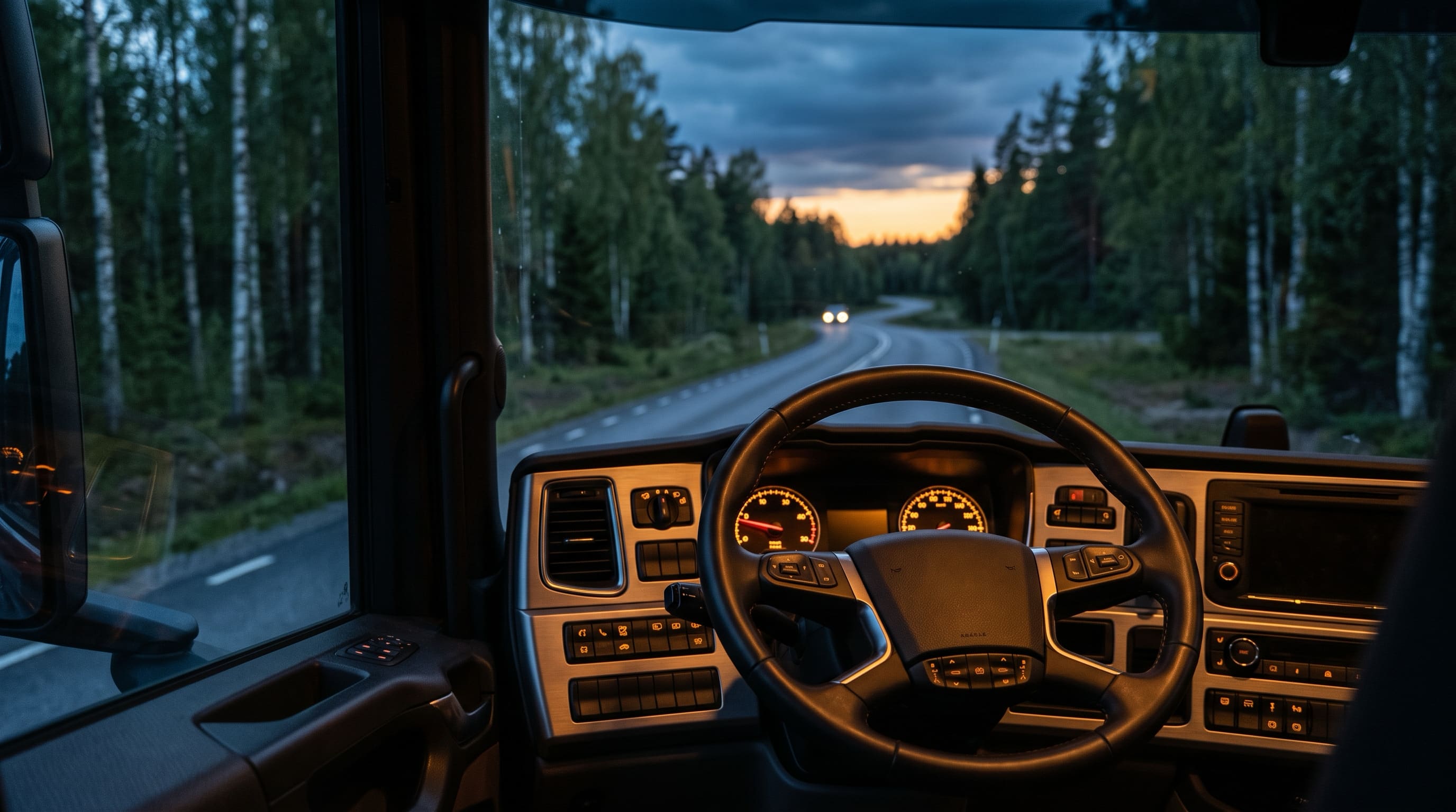Närbild på en lastbilshytts ratt och instrumentpanel med amber-belysning i skymning: vem är trafikansvarig.
